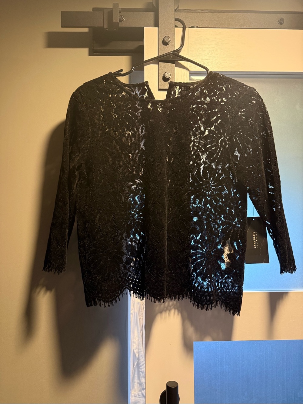 Zara Black Lace Velvet Textured Crew Neck